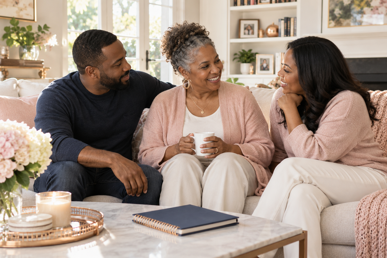Black mother with her adult son and daughter sharing a warm family conversation